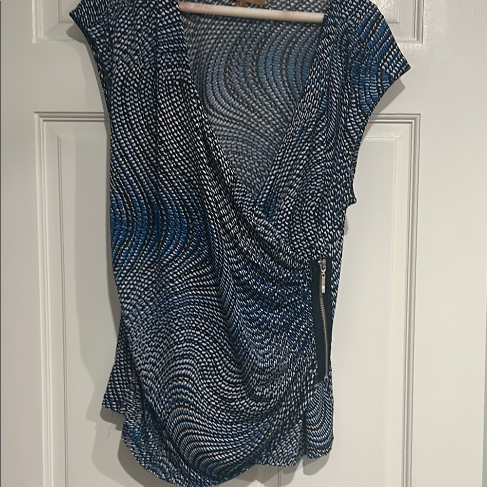 Ellen Tracy Black and Gray Asymmetrical Ruched Blouse